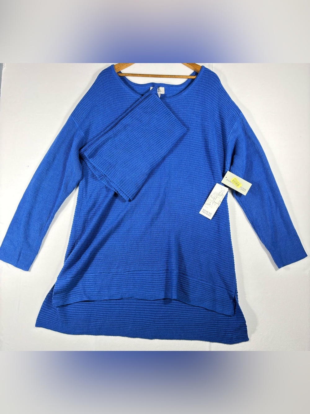 Hampshire Studio Women's 1X Blue Ribbed Long Sweater w/Long Sleeves & Faux Cowl